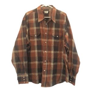 Wrangler Authentic Western Shirt Pearl Snaps Brown Plaid Metallic Thread XXL EUC